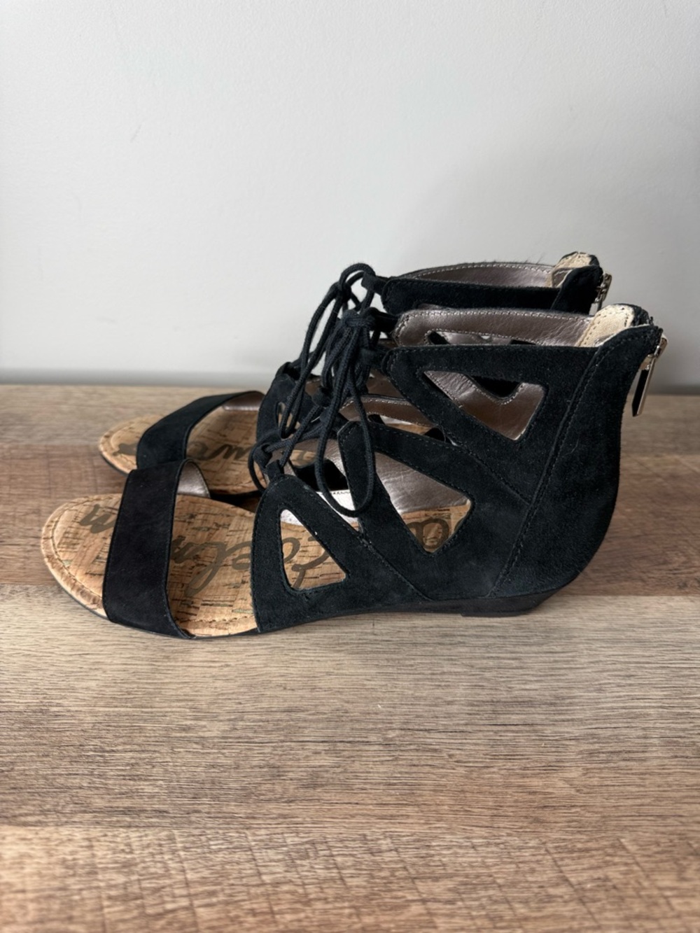 SAM EDELMAN Black Suede Dean Gladiator Sandals Lace Up Cork Zipper Size 7 - Picture 8 of 12